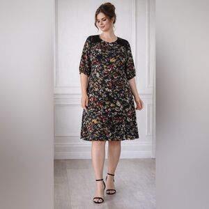 London Times Black Multicolored Dress Long Sleeves Lace Trim Knee Length Sz 18W